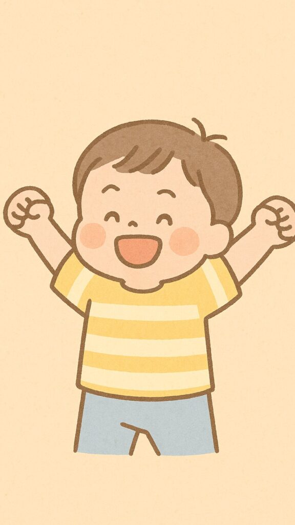 シーン2- 元気いっぱいのアー君 – 喜びに溢れるアー君が元気いっぱいに手を振っている姿