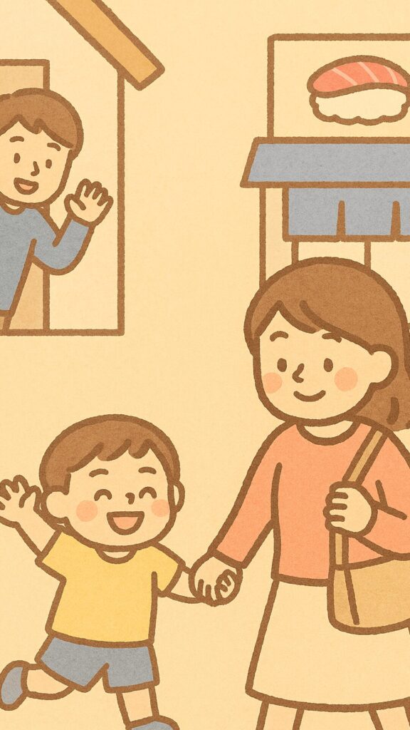 シーン3- パパを送り届けて回転寿司へ – パパが手を振り、ママとアー君が寿司屋へ向かう場面