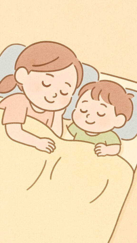 シーン7- ママと並んでお昼寝 – ママと一緒に仲良くお昼寝する様子