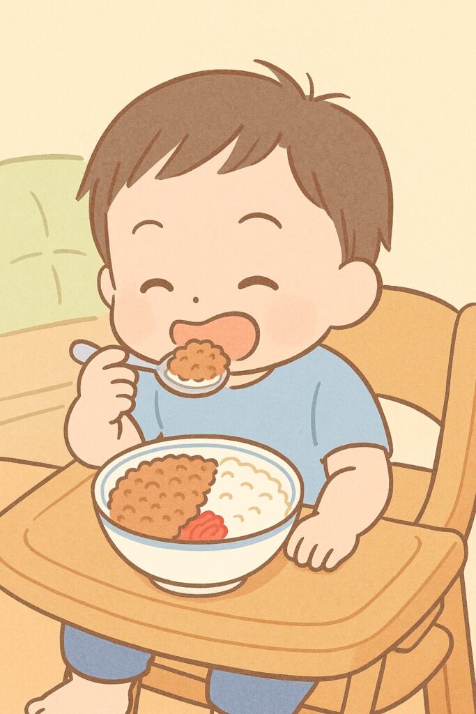 シーン2_鶏そぼろ丼を夢中で食べるアー君