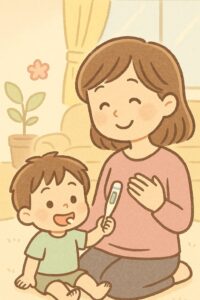 シーン1_朝の安堵（アー君が熱もなく元気に起きて、ママが安心している場面）