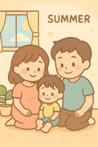 シーン1：真夏の朝、家で過ごす家族の様子