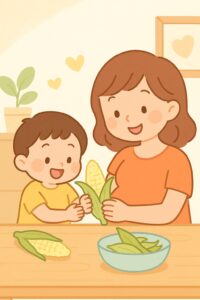 シーン2：お母さんと男の子がとうもろこしの皮むきを楽しむシーン
