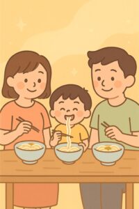 シーン3：家族みんなでうどんを味わうお昼ご飯のひととき