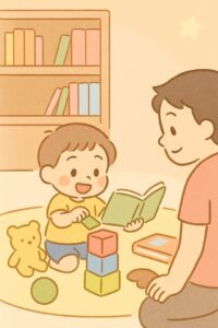 シーン7：おもちゃや本と遊ぶ男の子と見守る親